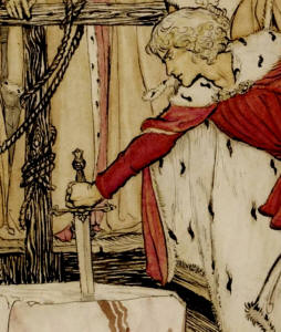 Detail from ''How Galahad drew out the sword from the floating stone at Camelot'' by Arthur Rackham